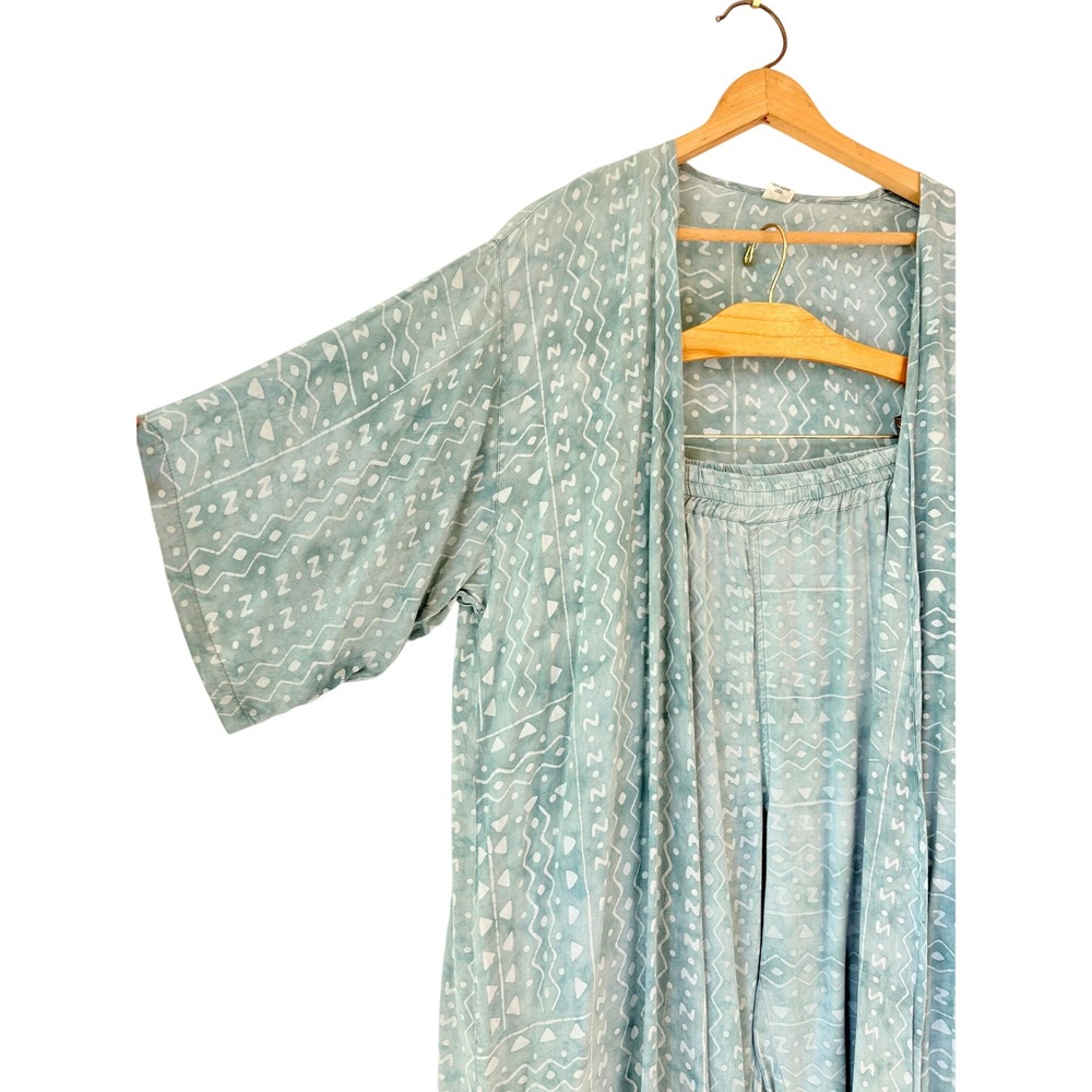 Tienda Ho 2 piece Set Blue Rayon Batik Block Print Kimono Duster‎ Robe Pants Set